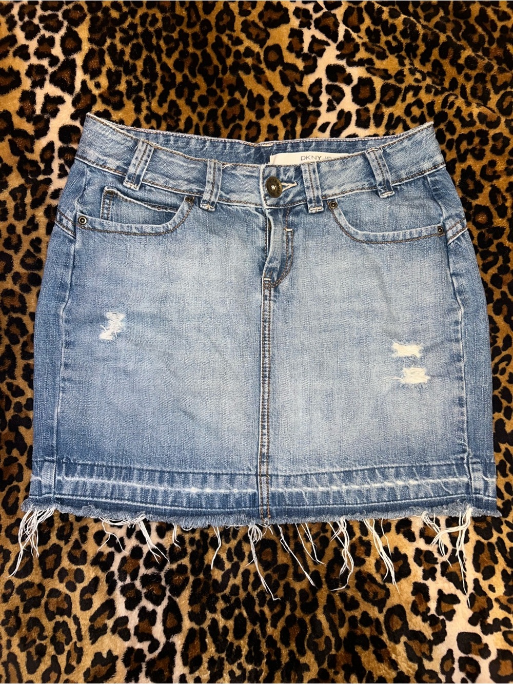 DKNY Light Blue Distressed Denim Skirt with Frayed Hem